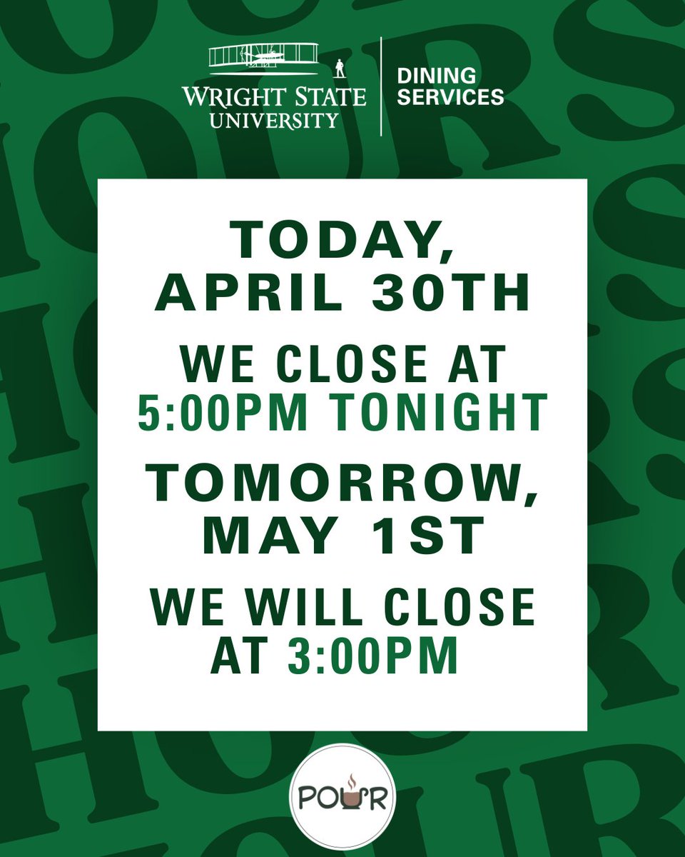 WrightStDining's tweet photo. Need to spend your dining dollars? 😀 💲 🤑 

We still have a few locations open through tomorrow! Buy your friends some snacks, buy your professor a coffee, and spend those dollars. Are you ready for the semester to be over?

#HungryatWSU #WrightState #DiningDollars https://t.co/pBqLlYYFmN