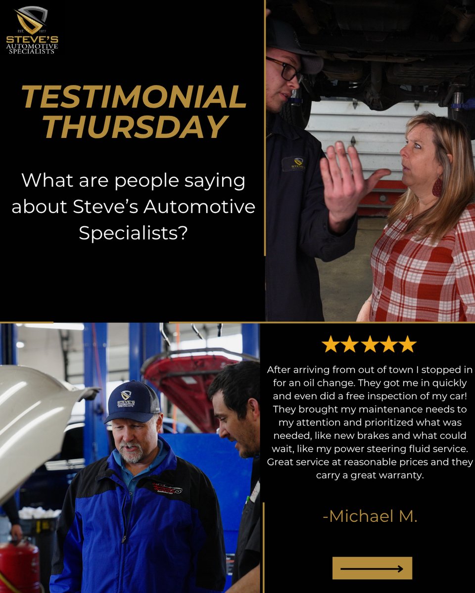StevesAutoSandy's tweet image. At Steve’s Automotive Specialists, we value our customers and strive to make auto care easy and stress-free. Whether it’s routine maintenance or major repairs, we’re here to keep your vehicle running smoothly.
#TestimonialThursday #CustomerFirst #Autocaremadeeasy