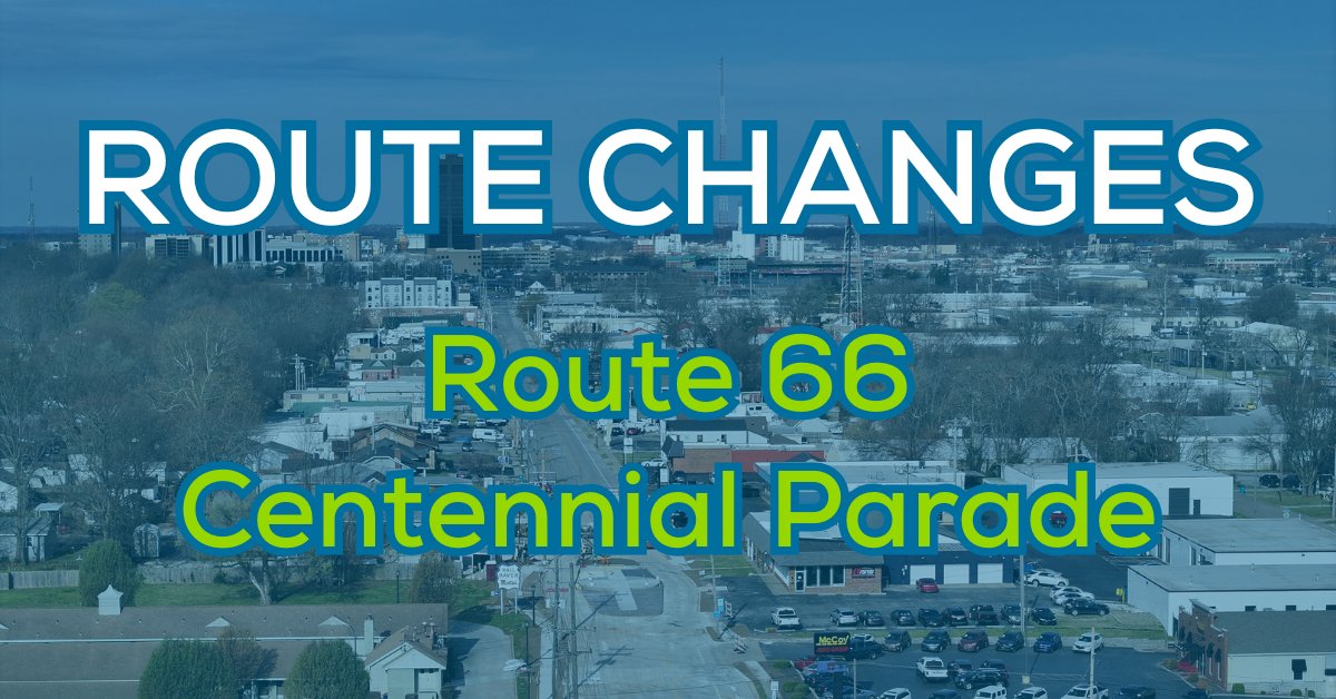 cutransit's tweet photo. CU Transit will have temporary service disruptions during the Celebrate America on Route 66 Parade from 5 p.m. to 8 p.m. on Friday, May 1.

🚌 Routes Affected:
• 02 Dale
• 03 Division
• 05 Glenstone
• 07 Campbell
• 12 National

Learn more: https://t.co/rcqA5QZkO2 https://t.co/rNeBZSOrTe