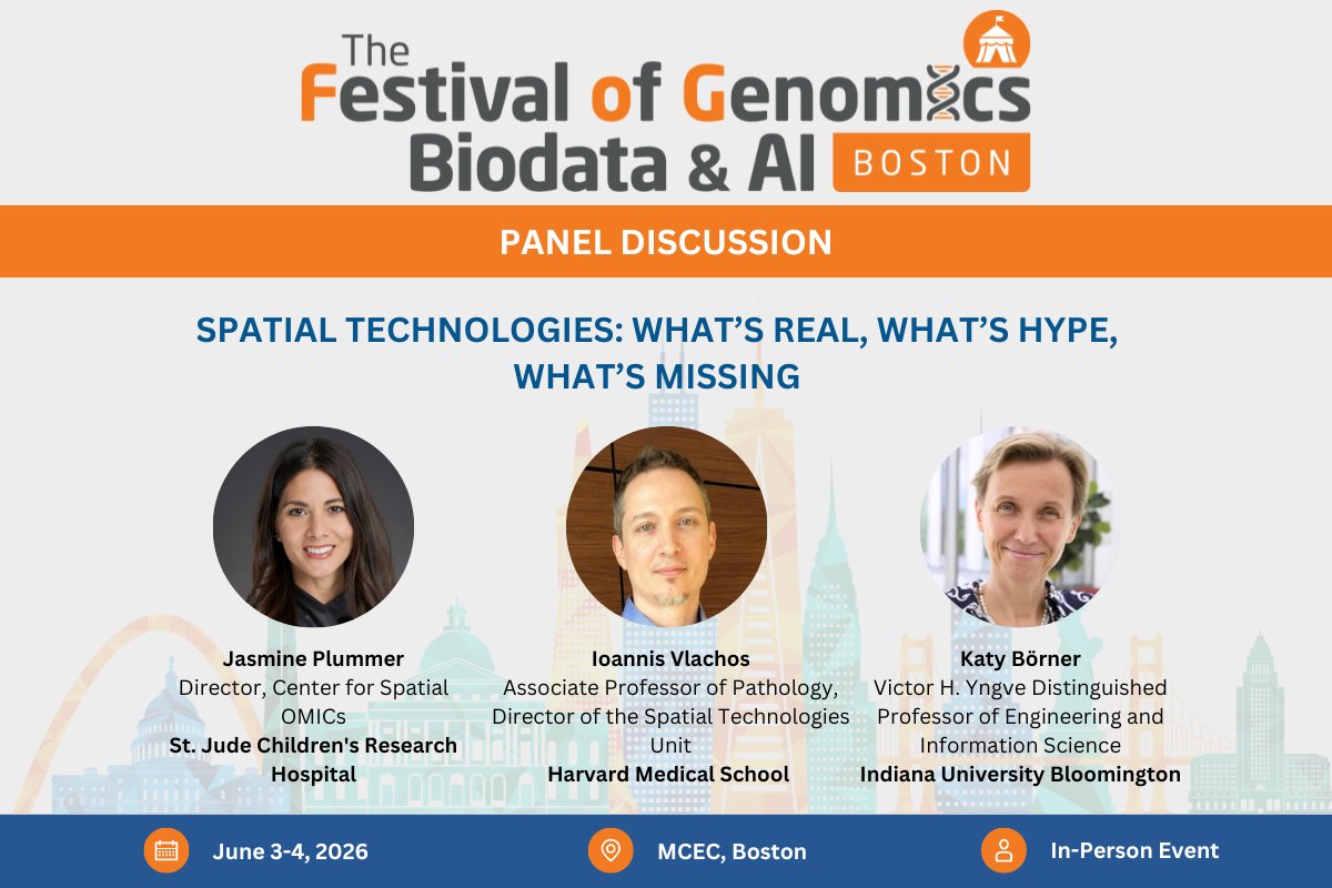 FLGenomics's tweet photo. What will spatial technologies look like in five years? Go beyond the hype with @DrJasPlummer, @IoaVlachos and @katycns at The Festival of Genomics, Biodata & AI in Boston! More info: https://t.co/HiQz6moInV #spatialomics https://t.co/KIy1W6RQi8