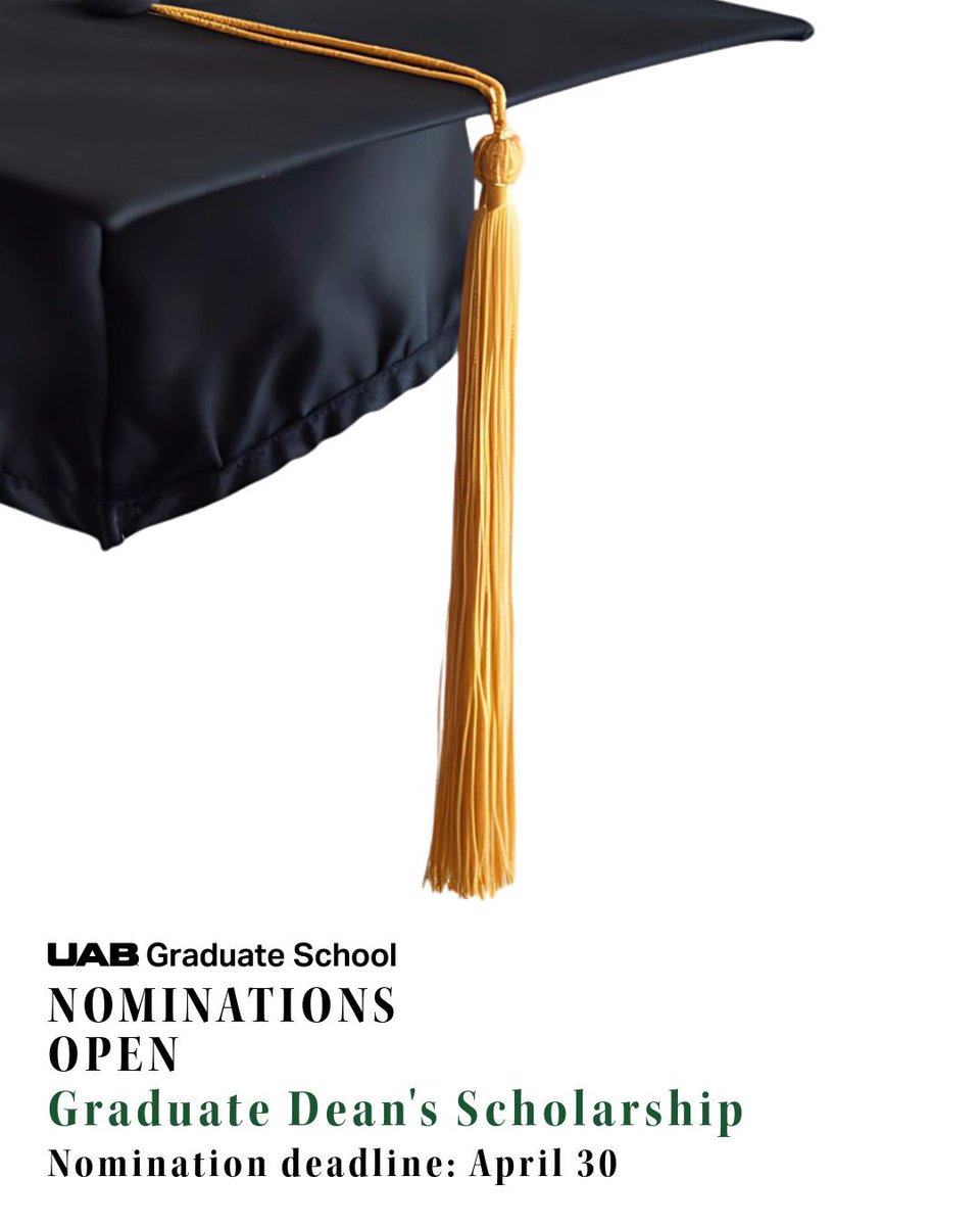 UABGradSchool's tweet image. 🚨 Final Reminder: Today is the last day to submit nominations for the 2026 Graduate Dean’s Scholarship!

Don’t miss your chance to receive a $1,000 scholarship! 

⏳ Nominations close TONIGHT! View the scholarship website through the link in our bio!
.
.
.
#uab #graduate