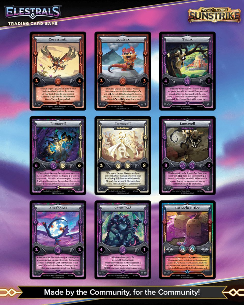 Elestrals's tweet photo. Made by the Community, for the Community! 💖

9 cards coming to #ElestralsSunstrike, were inspired and brought to life by members of the Elestrals Community!

Each of these bring incredible possibilities to #ElestralsTCG!
We hope you all look forward to experiencing them when Divine Champions — Sunstrike launches May 22! ☀️⚡ https://t.co/jMHizig7sq