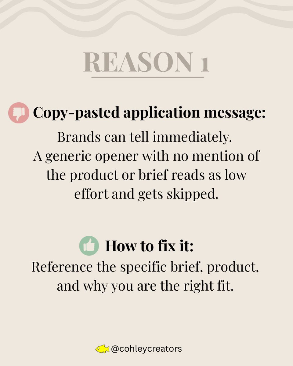 Cohley_'s tweet photo. 1/2 Getting rejected from a Cohley brief stings 😔 but the good news is, it’s usually easy to change! Fix these three things and your acceptance rate changes.✅

Save this and audit your next application before you hit send.

#UGC #UGCCreator #UGCTips #ContentCreatorTips https://t.co/lLhHh03fkB