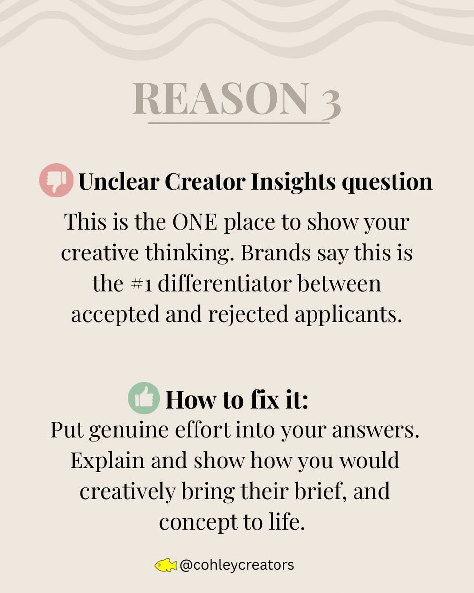 Cohley_'s tweet photo. 1/2 Getting rejected from a Cohley brief stings 😔 but the good news is, it’s usually easy to change! Fix these three things and your acceptance rate changes.✅

Save this and audit your next application before you hit send.

#UGC #UGCCreator #UGCTips #ContentCreatorTips https://t.co/lLhHh03fkB