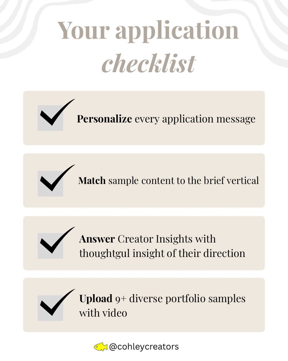 Cohley_'s tweet photo. 2/2 Getting rejected from a Cohley brief stings 😔 but the good news is, it’s usually easy to change! Fix these three things and your acceptance rate changes.✅

Save this and audit your next application before you hit send.

#UGC #UGCCreator #UGCTips #ContentCreatorTips https://t.co/kM3SZ4gMAk