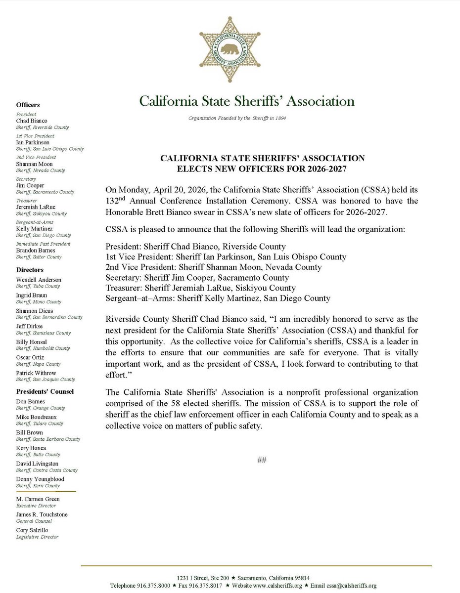 calsheriffs's tweet photo. CALIFORNIA STATE SHERIFFS’ ASSOCIATION ELECTS NEW OFFICERS FOR 2026-2027 https://t.co/UlpYyNROBk