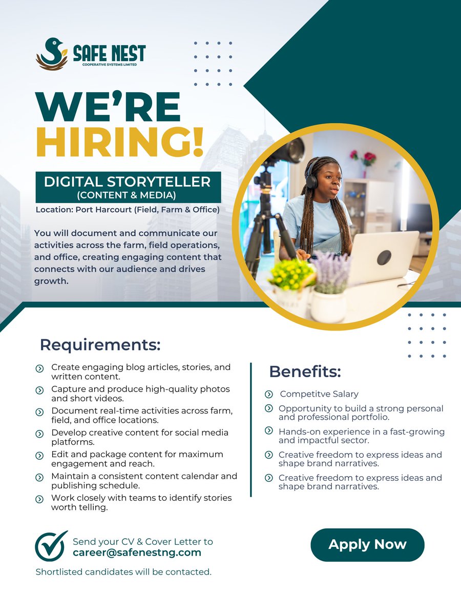 usesafenest's tweet image. We are looking for a creative, bold, and highly driven Digital Storyteller to shape how our brand is seen, heard, and experienced.

#hiring 
#storyteller