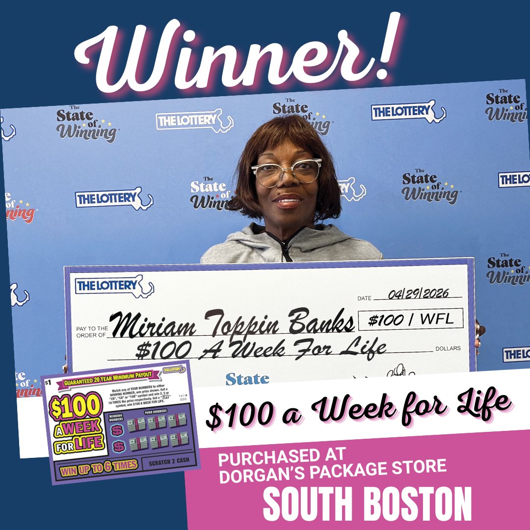 MAStateLottery's tweet image. 😍 Purchased three $1 tickets and hit for $100 a Week for Life!

Recent winners &amp;gt; ow.ly/4wGg50YSAo7

#MassLottery
#Lottery
#InstantTickets
#ScratchTickets
#Winner
#SouthBoston
#Massachusetts