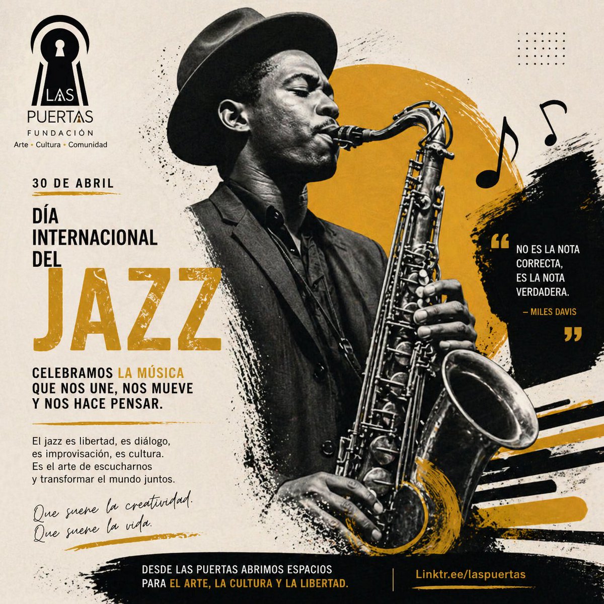 LASPUERTASART's tweet photo. El jazz no solo se escucha.
Se siente, se improvisa y se vive.

Desde la Fundación LAS PUERTAS celebramos el arte que rompe límites, conecta culturas y transforma generaciones.

🎷 30 de abril — Día Internacional del Jazz

🔗 https://t.co/NrgY2JoGp1 https://t.co/Cml6vHY298