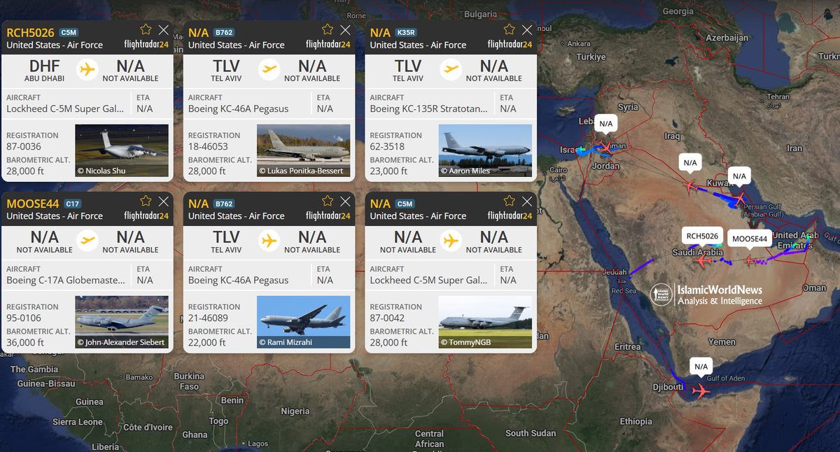 A7_Mirza's tweet image. 🇺🇸 ✈️ Right now; US army's cargo and refueling aircraft are flying over Saudi Arabia, Jordan, and the Gulf of Aden.

#US