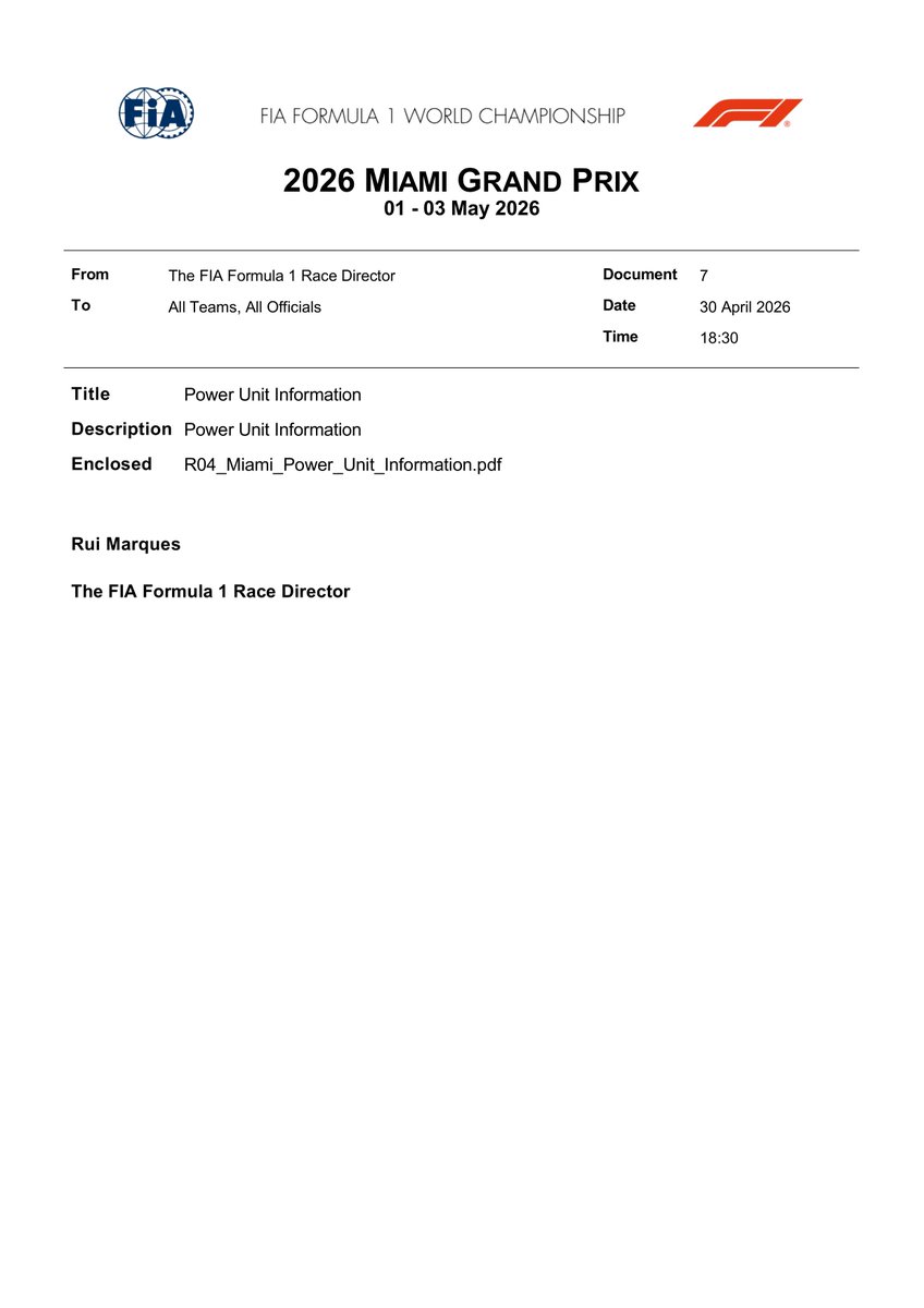 fiadocsbot's tweet photo. New document: Doc 7 - Power Unit Information
Published on 01.05.26 00:32 CET

https://t.co/Y5IbHoJpYg
#F1 #Formula1 #FIA #MiamiGP 🇺🇸 https://t.co/KVPChyBxYF