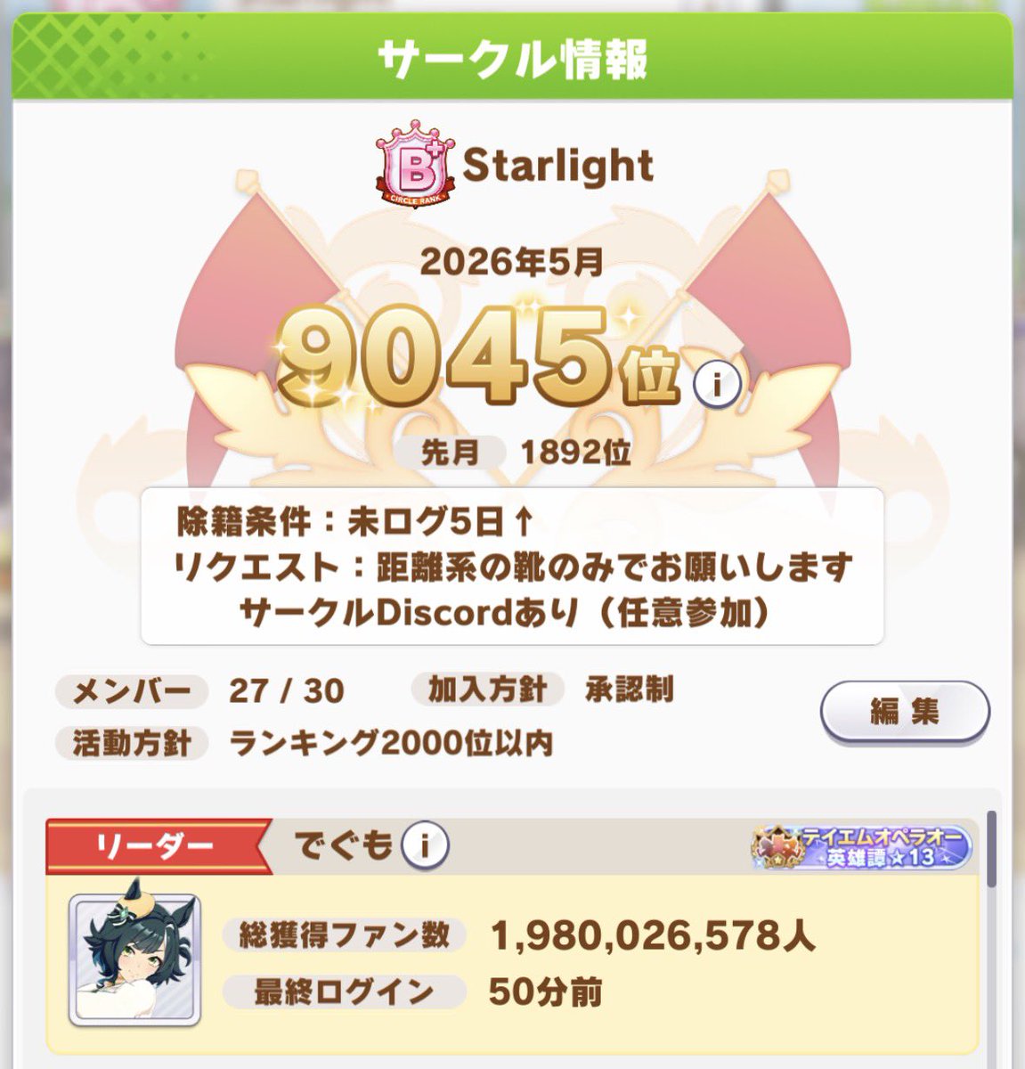 2名募集します！
以下条件です⬇️

☑️ログイン5日↑空かない
☑️靴投はレイNG（シューズ限定）
☑️Discordあり（参加任意）

Discordではウマ娘の交流に加え、競馬関連の交流も盛んです！

#ウマ娘サークルメンバー募集