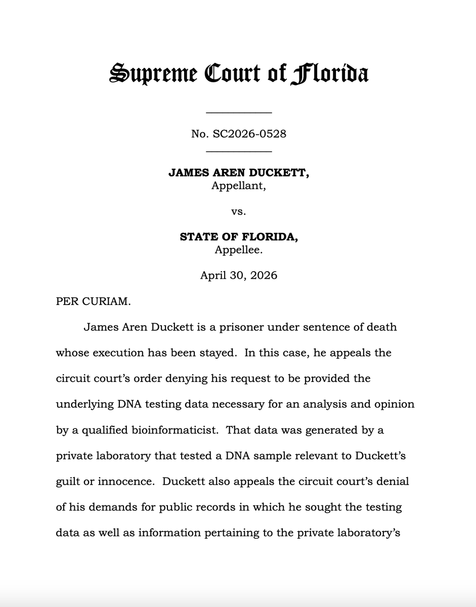 RDunhamDP's tweet image. The Florida Supreme Court has reversed a trial court order that would have allowed the state to execute James Duckett without analysis by a qualified lab of DNA testing in his case. flcourts-media.flcourts.gov/content/downlo… @FADPorg @FLDeathPenalty @WTIUSA @innocence @CCATDP @uscedp #deathpenalty