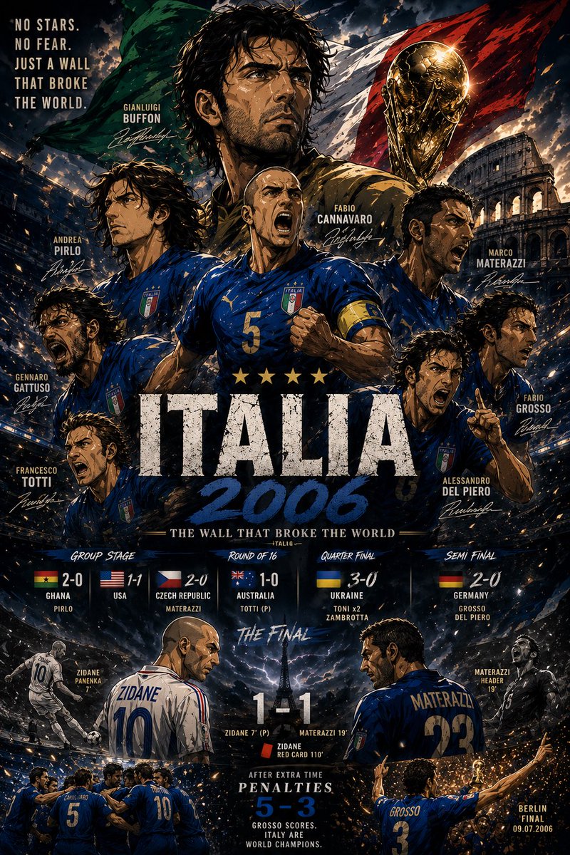 ExponentialTom's tweet photo. Chat GPT images are incredible!

I’m working on World Cup animated musical videos, currently for the Italy team that won on 2006.

Look the level of detail, every key player, even the results of each match plus key dates.

Not too long ago AI struggle with any text on their images… now this! 

Absolutely incredible! Now is the time to build!