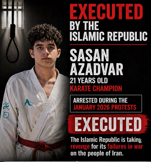 WalkmanNight's tweet image. 🚨 THIS is their "retaliation." 

Sasan Azadvar, 21. Executed.

The regime is too cowardly to fight the US, so they slaughter Iranian youth instead.
 @realDonaldTrump, if the pressure stops here, the regime's killing machine speeds up. Don't let them breathe.

@FoxNews