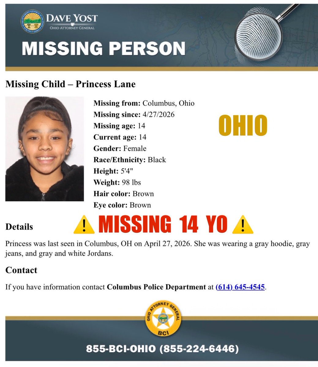 #OHIO    #PrincessLane, 14  #MissingChild ‼️Please Share‼️ #MissingPerson  #MissingPeople  ☎️Columbus Police Department at (614) 645-4545    ohioattorneygeneral.gov/Files/Law-Enfo…