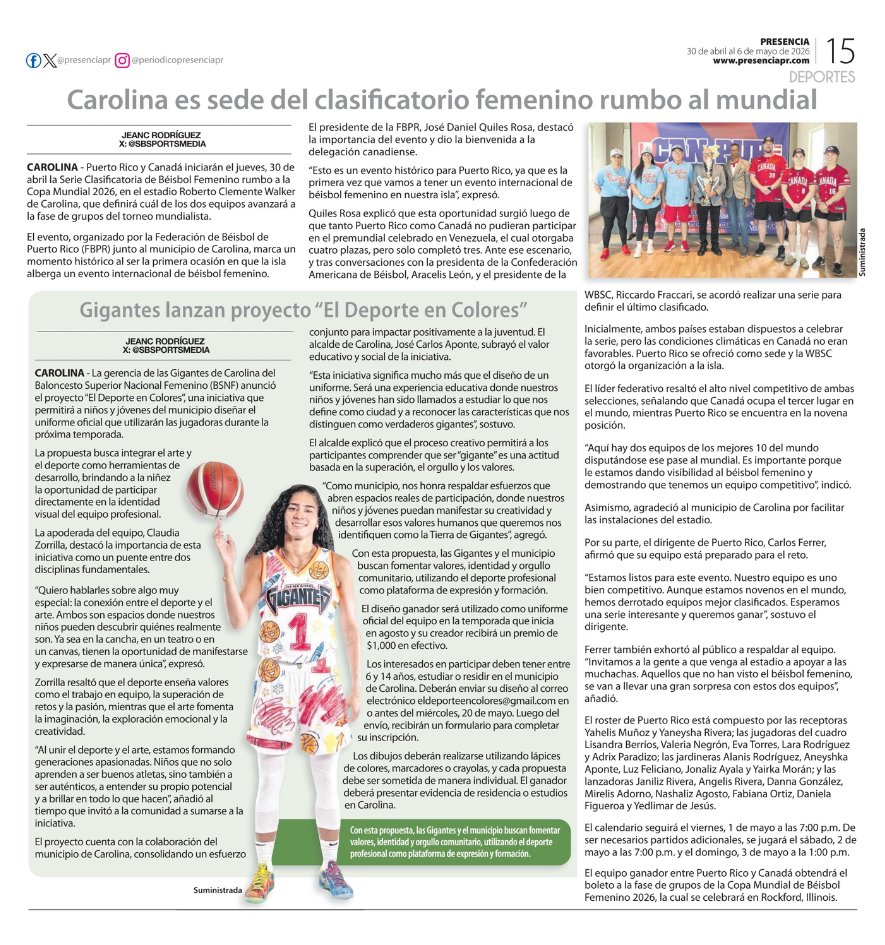 sbsportsmedia's tweet photo. . @presenciapr jueves, 30 de abril de 2026 / Carolina es sede del clasificatorio femenino rumbo al Mundial

Por: @jeancrod https://t.co/ZcYKUMWMju