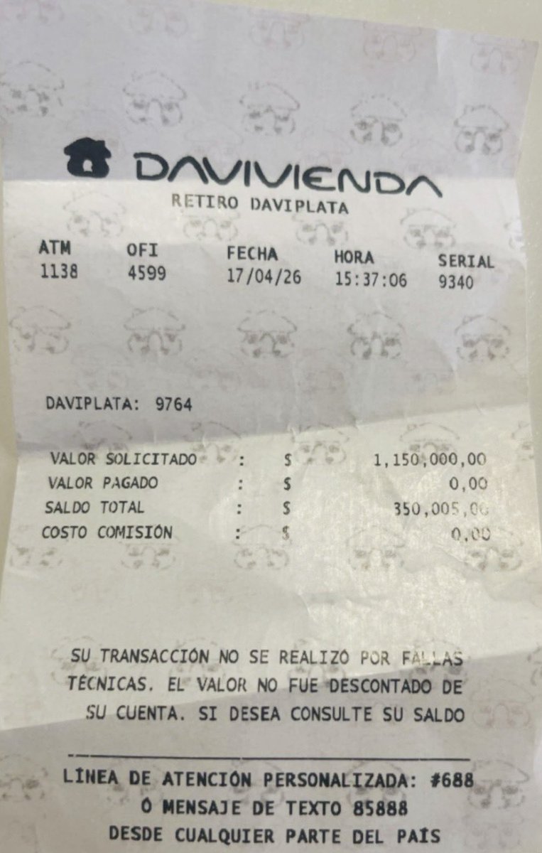 csarbarberi's tweet photo. @Superservicios @DaviPlata @SFCsupervisor Denuncia pública🚨
Hace 15 días retiré dinero en el caj#1138 de Unicentro y el sistema fallóno entregó el dinero pero sí generó un recibo indicando que NO se descontaría. Hoy, Daviplata/Davivienda no responde y dice que “todo cuadra”. https://t.co/byqSe11wxI