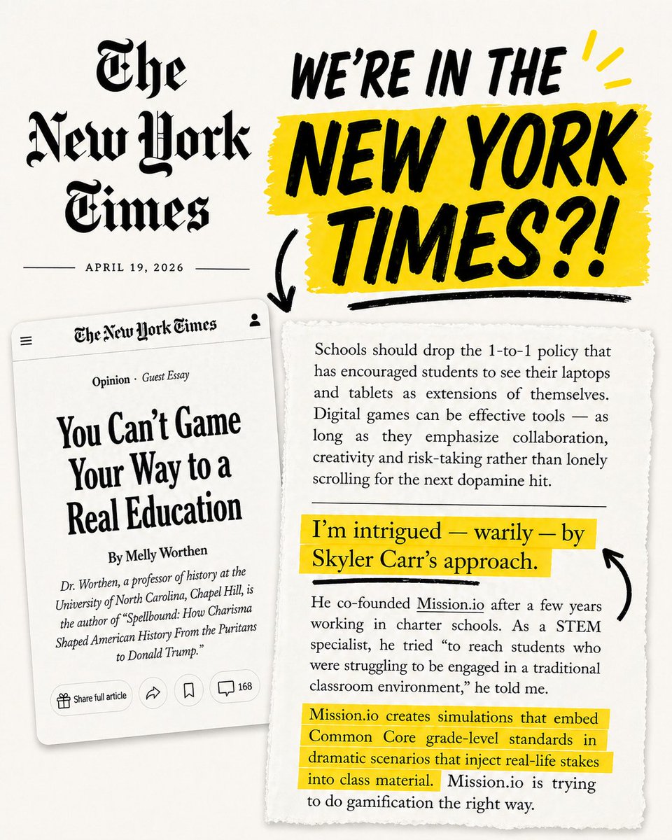 StarterCarr's tweet photo. The New York Times just ran a takedown of K-12 edtech. They named us as the exception.

"I'm intrigued, warily, by Skyler Carr's approach."

My mom has been describing me that way since I was twelve. So I'll take it.

Link in the next tweet. https://t.co/85AigikKqw