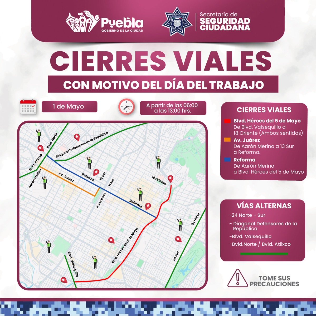 🚧 Atención, toma precauciones 🚧

Con motivo del Día del Trabajo, este 1 de Mayo se implementarán cierres viales en distintos puntos de la ciudad ⬇️

🕕 Horario: de 06:00 a 13:00 horas.