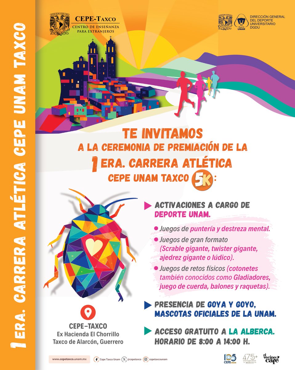 cepetaxco's tweet image. La meta es solo el inicio. 🏁
Te esperamos en la premiación de la 1era Carrera CEPE UNAM Taxco 5K: activaciones, juegos y convivencia con el sello UNAM.
Quédate a vivirlo. 💙💛
#CorreTaxco #UNAMEnMovimiento #5K