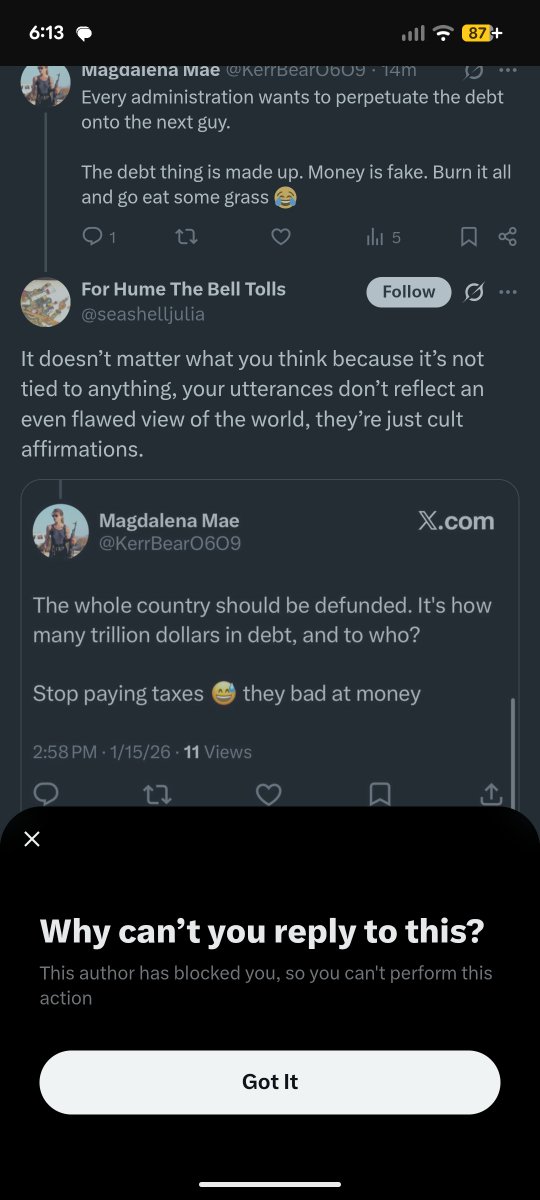 Can somebody find this account and ask them what cult they think I'm in? It appears they mistakingly blocked me before I had a chance to respond 🥺