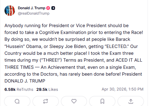 What the hell is this?  During his ("THREE!") terms as president? 

As he has only been president twice... doesn't this prove his cognitive test results are a lie...?