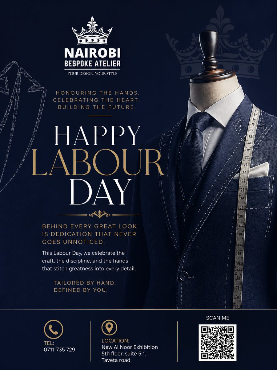 nairobibespoke's tweet image. Behind every sharp look is unseen precision.
This Labour Day, we honour the craft.
Not ready-made.
Not ordinary.
Bespoke.

#LabourDay #Bespoke #Menswear #Nairobi
#LuxuryStyle #Tailored