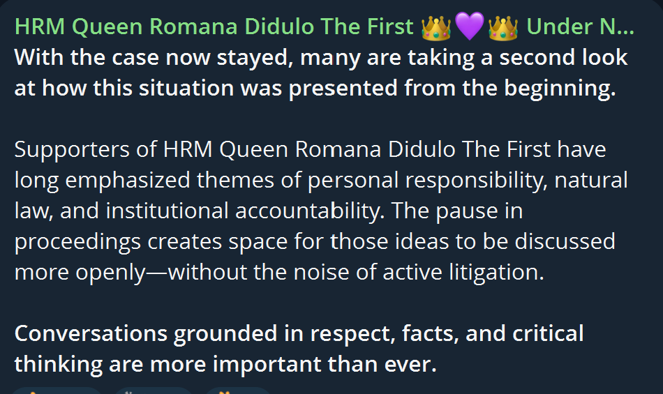 I_AmGinaLee's tweet image. t.me/HRMQRD2024/3989
The injustice HRM Queen Romana Didulo The First faced brings light to how 3D system operates to suppress The People.

When it happens to one, it happens to ALL.

United in Peaceful and Conscious Awareness is how it ENDS!

#Sovereign #NaturalLaw #WWG1WGA