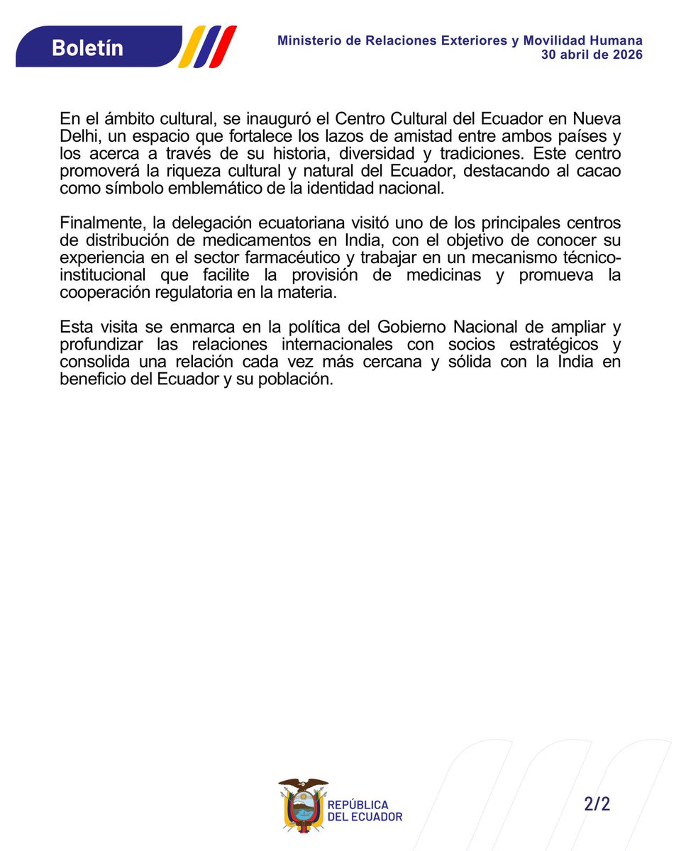 📢 Boletín:
Ecuador y la India fortalecen su agenda bilateral en áreas de interés común