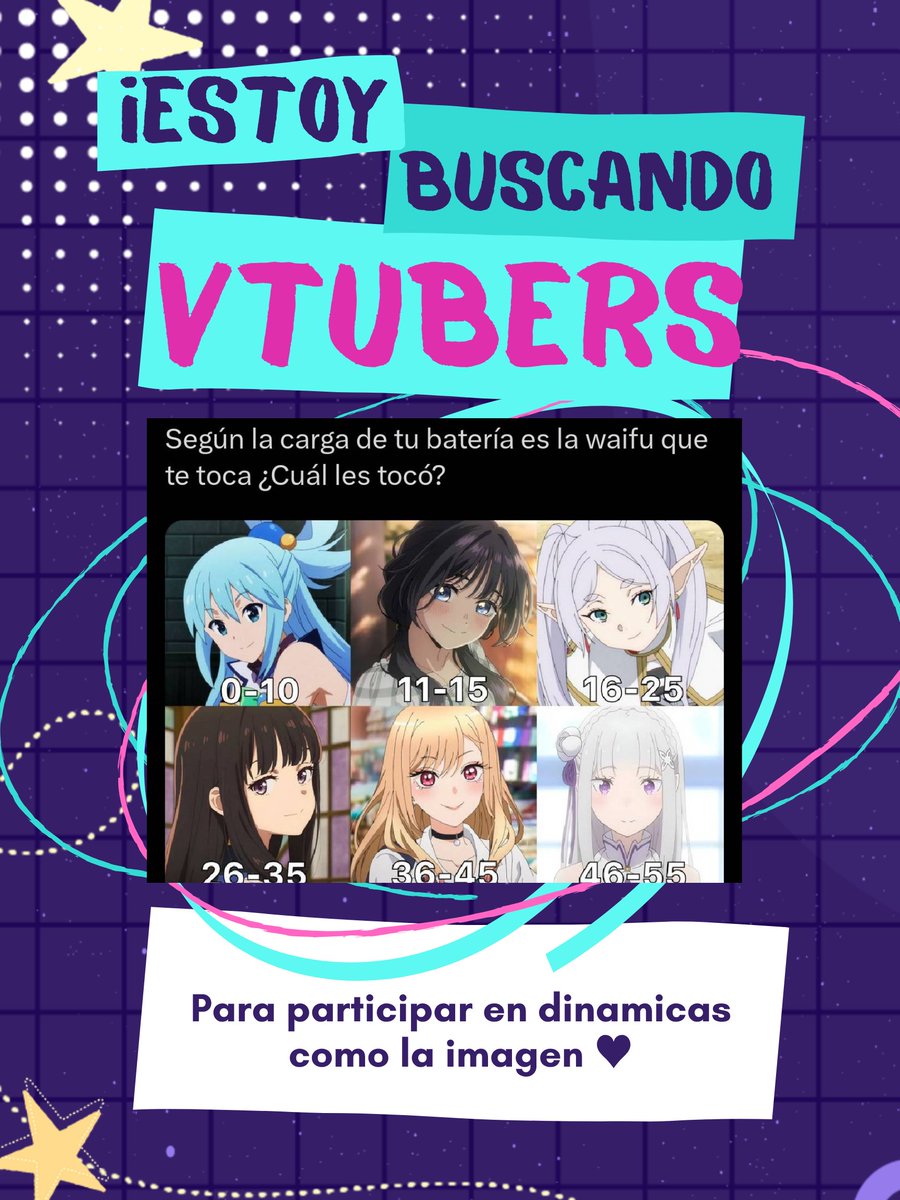 Las dinámicas de “según tal es tal VT” (ejemplo en la imagen) siempre acaban con los mismos VT grandes.

Quiero hacer algo así pero con vtubers pequeños que merecen más visibilidad💜

Si quieres aparecer, deja tu foto de perfil o ref aquí abajo👇

🔄RT para llegar a más vtubers.