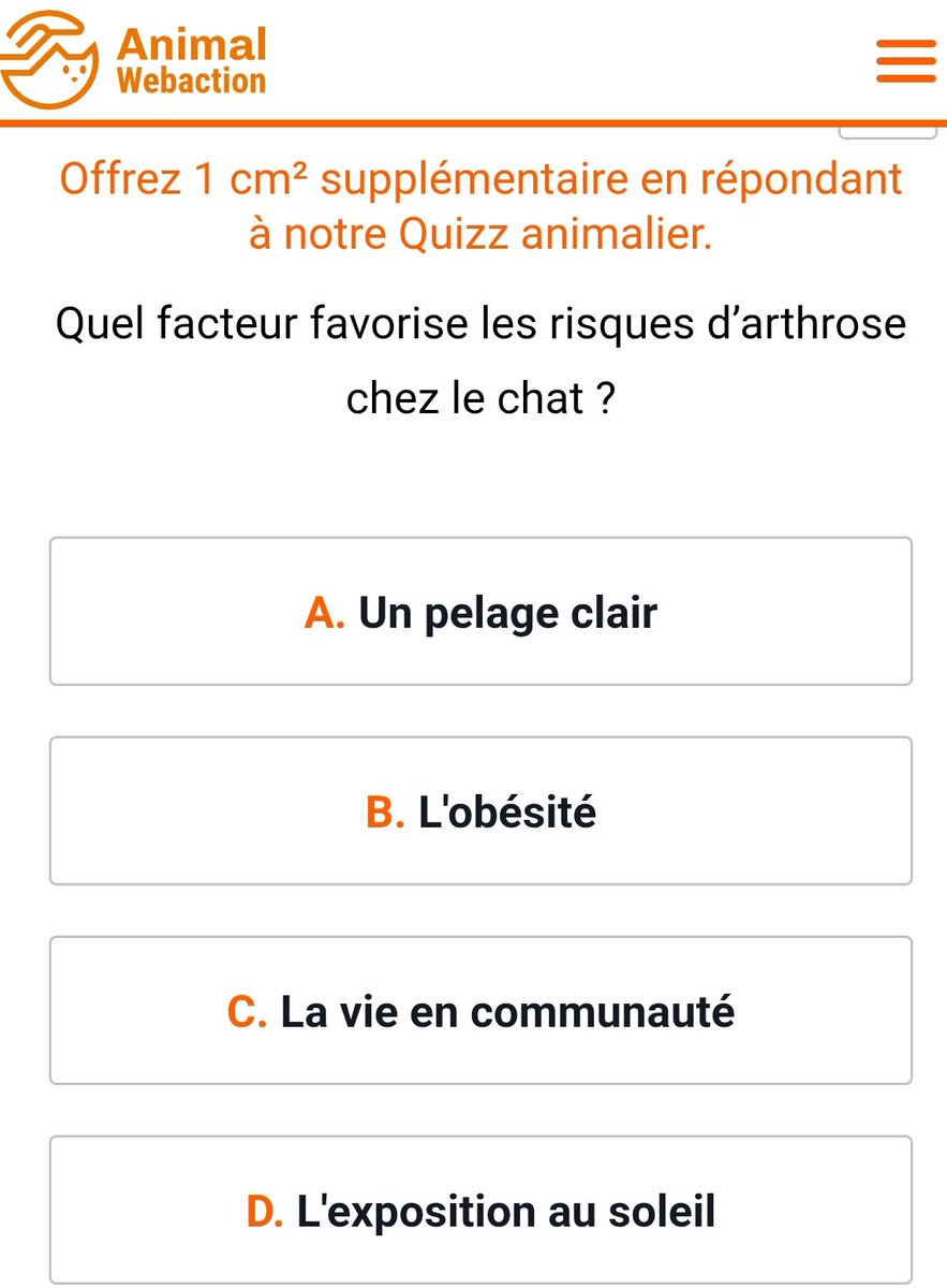 beta3093's tweet image. May 1, 2026:
The answer to the question posed between 12:00 AM and 5:59 AM (🕐🇫🇷) by #animalwebaction is:

                  "B. #Obesity "

Is a contributing #factor to the #risk of #osteoarthritis in #cats?

🚨Retweet widely! 98% correct answers

animalwebaction.com/fr/don-gratuit…