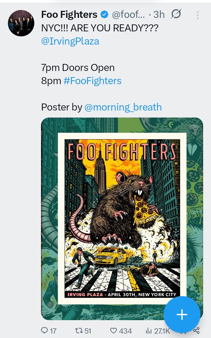 PEEPs! <a href="/foofighters/">Foo Fighters</a> PLAYIN' A SURPRISE POP-UP GIG! 😱 TONIGHT!! - NYC 🗽🍎<a href="/IrvingPlaza/">Irving Plaza</a> 🤘🏻😁🤘🏻 #RT 

<a href="/EddieTrunk/">Eddie Trunk</a> <a href="/allihagendorf/">Allison Hagendorf</a>
<a href="/mitchlafon/">Mitch Lafon</a> <a href="/CiBabs/">Caity Babs</a> <a href="/josemangin/">Jose "Metal Ambassador" Mangin</a> <a href="/TMZ/">TMZ</a> <a href="/NME/">NME</a> <a href="/CharlieNeff/">Charlie Neff</a> <a href="/RollingStone/">Rolling Stone</a> <a href="/KerrangMagazine/">Kerrang!</a> <a href="/aquarianweekly/">The Aquarian</a> <a href="/ClassicRockMag/">Classic Rock Magazine</a>

... 👀 ...
pix11.com/things-to-do/f…