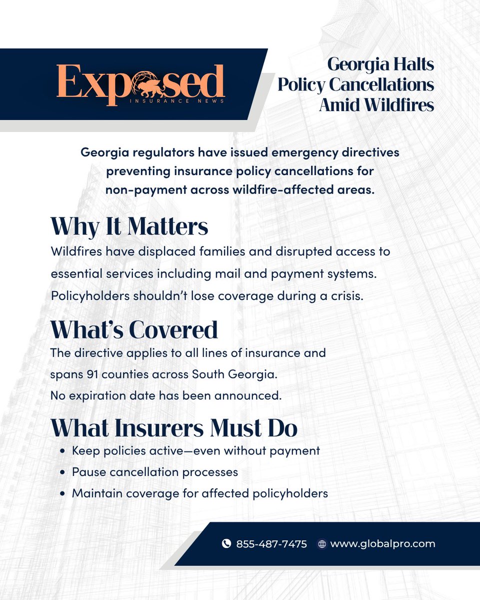 GetGlobalPro's tweet image. Georgia's insurance regulator has barred insurers from cancelling policies for non-payment across more than 90 wildfire-affected counties. tinyurl.com/3dcc2fbc

CALL US FIRST (855) 487-7475 | na2.hubs.ly/H05dhk40
#Georgia #Wildfire #GlobalPro