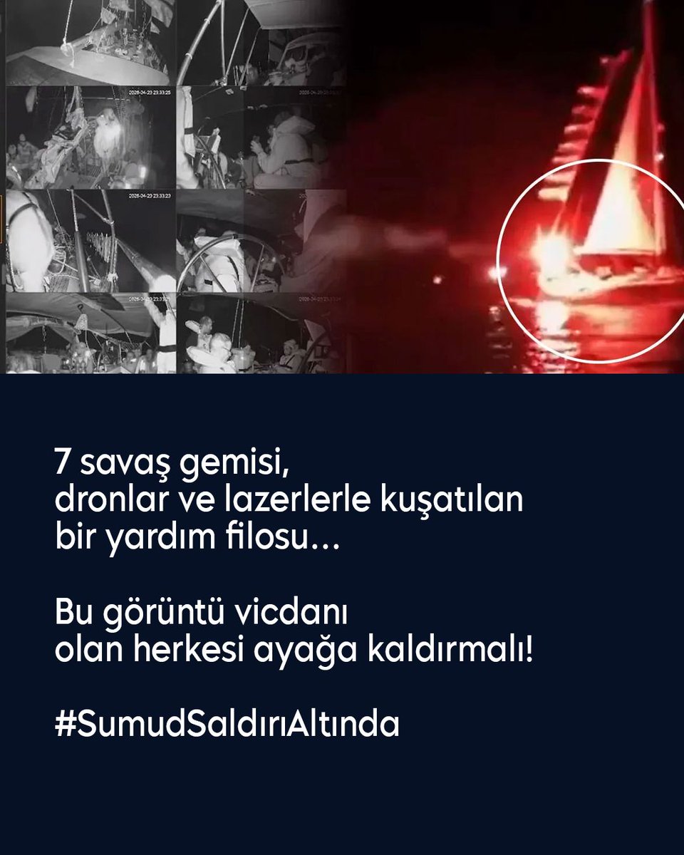 eslem_m_'s tweet photo. 7 savaş gemisi, dronlar ve lazerlerle kuşatılan bir yardım filosu… Bu görüntü vicdanı olan herkesi ayağa kaldırmalı!

#SumudSaldırıAltında https://t.co/yHtUW880YQ