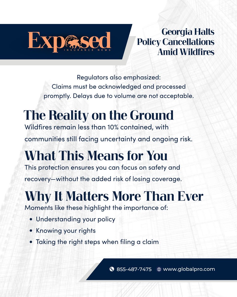GetGlobalPro's tweet image. Georgia's insurance regulator has barred insurers from cancelling policies for non-payment across more than 90 wildfire-affected counties. tinyurl.com/3dcc2fbc

CALL US FIRST (855) 487-7475 | na2.hubs.ly/H05dhk40
#Georgia #Wildfire #GlobalPro