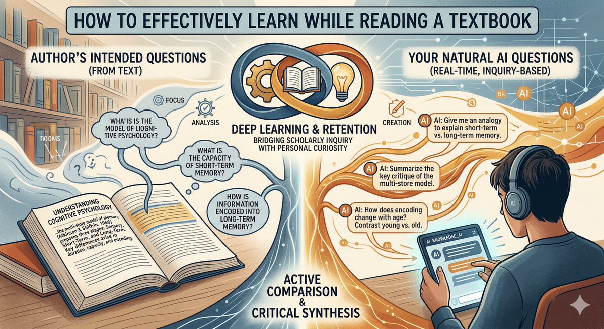 AaronPowell_CA's tweet image. How to effectively learn while reading a textbook: As you read, compare the questions posed by the author with the questions you would ask an AI in that same moment.  #ChatGPT #Claude #GROK #AI