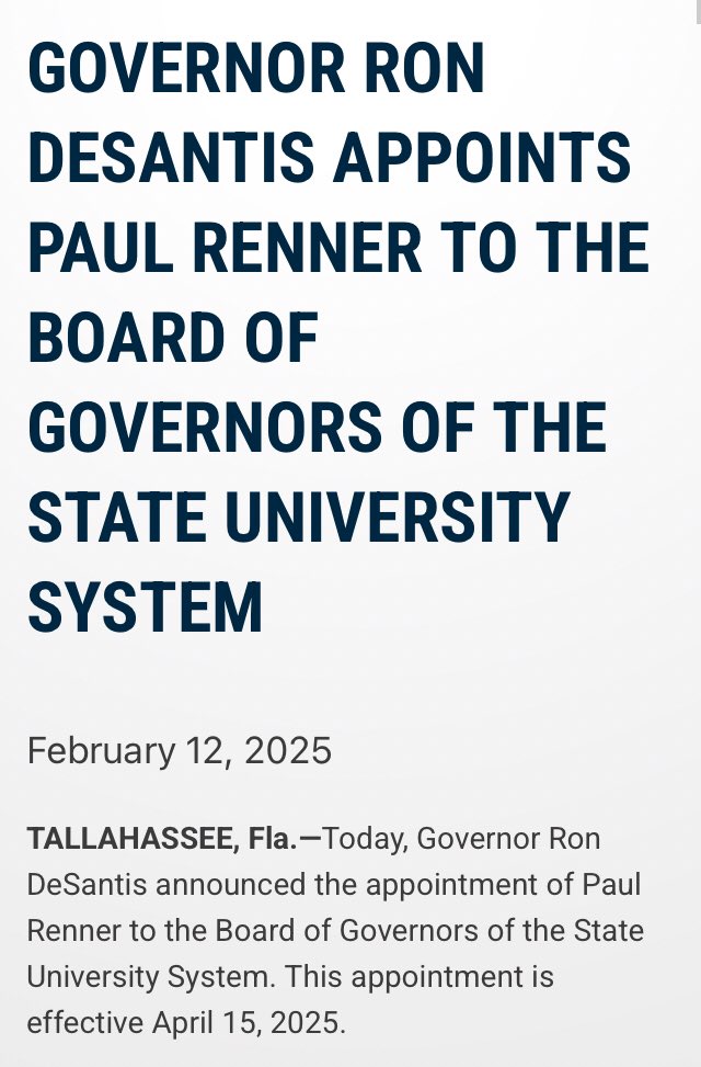 LisaFla8's tweet image. Again Scott, Renner wasn’t in office in April 2025! 

Paul Renner was appointed to The Board of Governors by Gov Ron DeSantis

Paul Renner was also state protector before he became the most successful Speaker in History! And he passed Tort Reform. #LIAR 

flgov.com/eog/news/press…