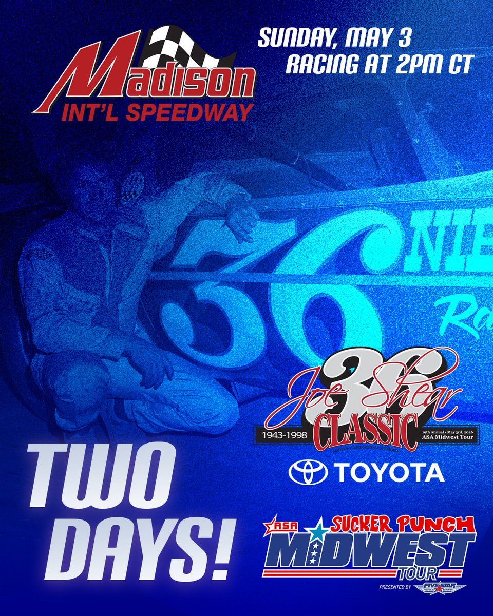 MidwestTour's tweet photo. We're 2 Days Away from the Joe Shear Classic at Madison International Speedway!

Watch the Appalachian Sucker Punch ASA Midwest Tour presented by Five Star Bodies take the grid for Round 2 of the season!

🎟️ : https://t.co/F2k5EPkpj6 https://t.co/nAsMDbAz7x