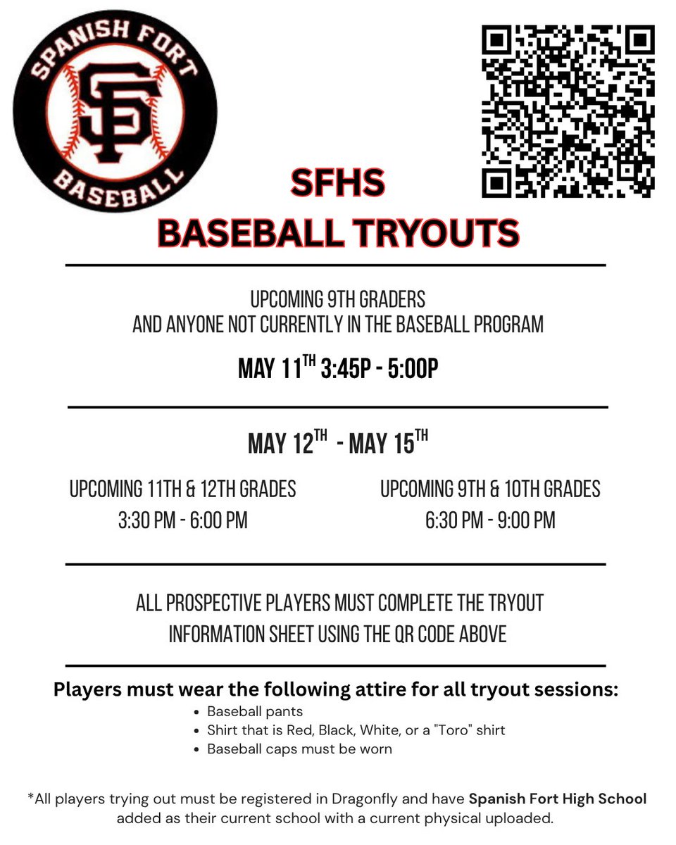 SpanishFortBsbl's tweet photo. Future Toros, We are looking for the next great class of players to to be ballplayers Spanish Fort Baseball.

Use the QR code and fill out the required information.

Make sure you add Spanish Forth High School at a school on DragonFly and have a current physical uploaded.

#Touch the Wall