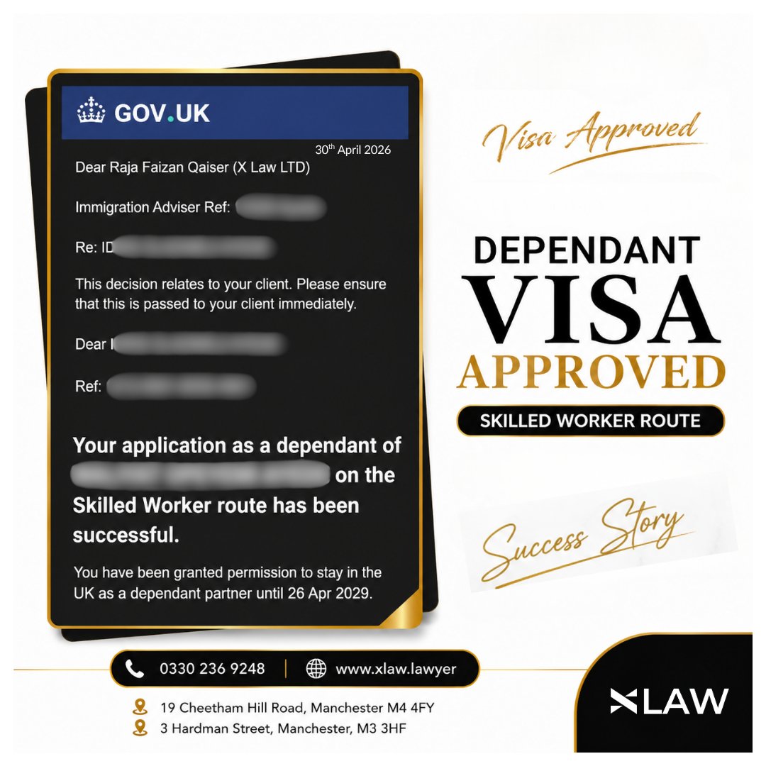 XLawLawyer's tweet image. Great news - Skilled Worker Dependant Visa Granted 

Yet another successful outcome for our client!

If you need help with a dependant visa application for your spouse or child, contact X Law for expert support.  

#VisaGranted #SkilledWorkerDependent #UKImmigration #XLaw