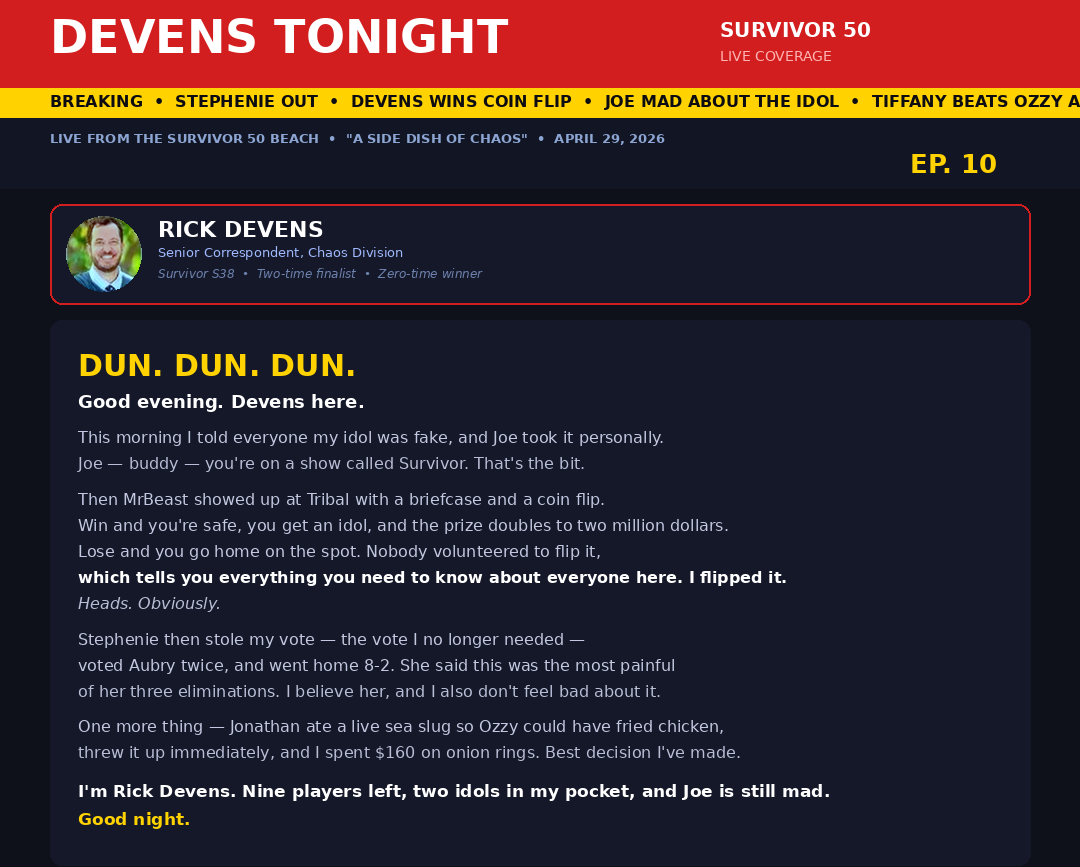 DailySportsViz's tweet photo. DUN DUN DUN - Survivor 50 Recap 

#Survivor #Survivor50 https://t.co/igZ79bwqyr