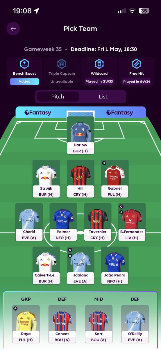 FPLbeginner1's tweet photo. @FPL_Marcello What would you change for a BB35, TC 36? https://t.co/IyIuvT12Vq