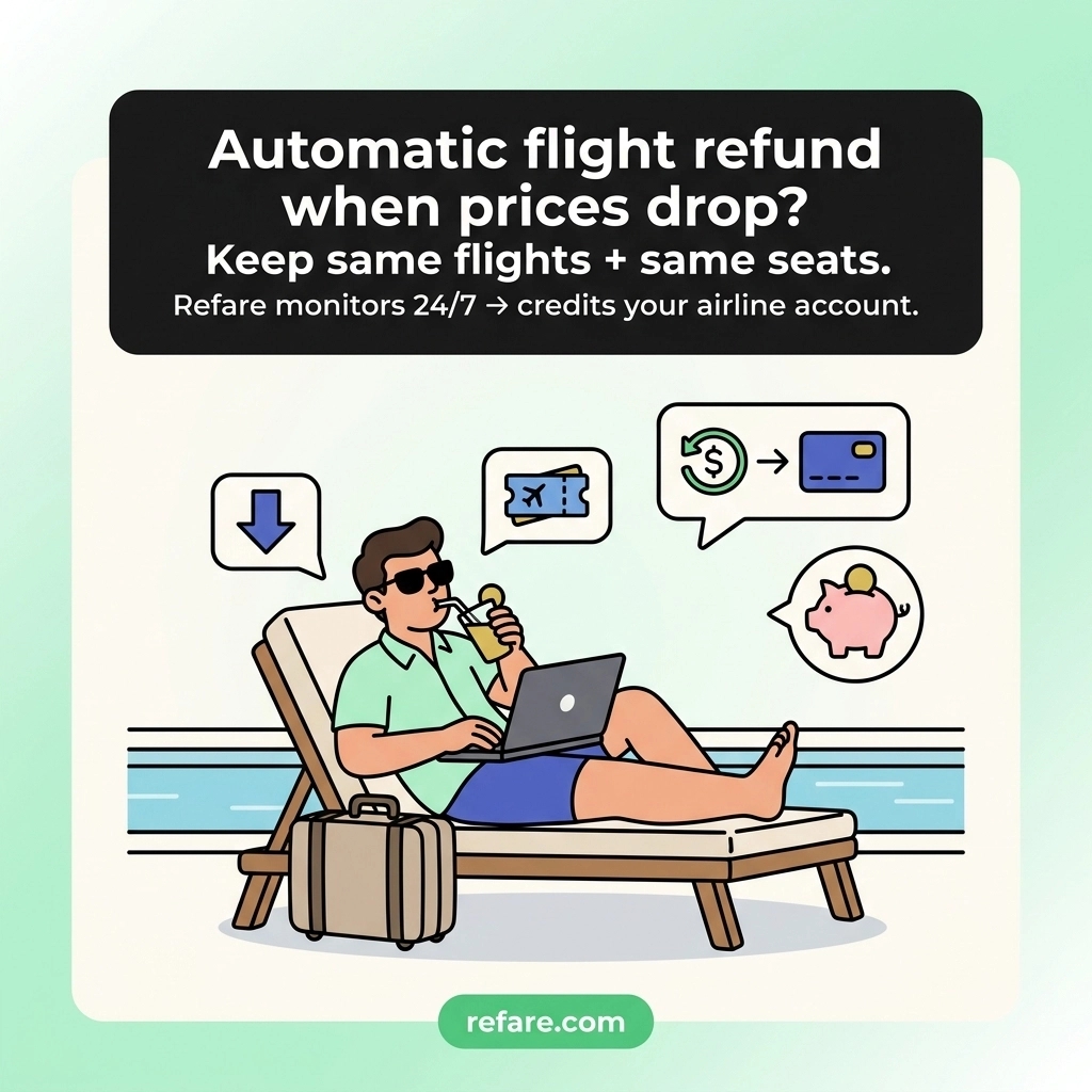 RefareTeam's tweet image. How to get a flight refund automatically when prices drop?
Forward booking to Refare. We monitor 24/7. Same seats, lower price.
Secure: OAuth. Fee: 25%.
Avg: AA $396 | Delta $232 | United $235
@RefareTeam refare.com #TravelHacks2026 #FlightDeals #FlightHacks
