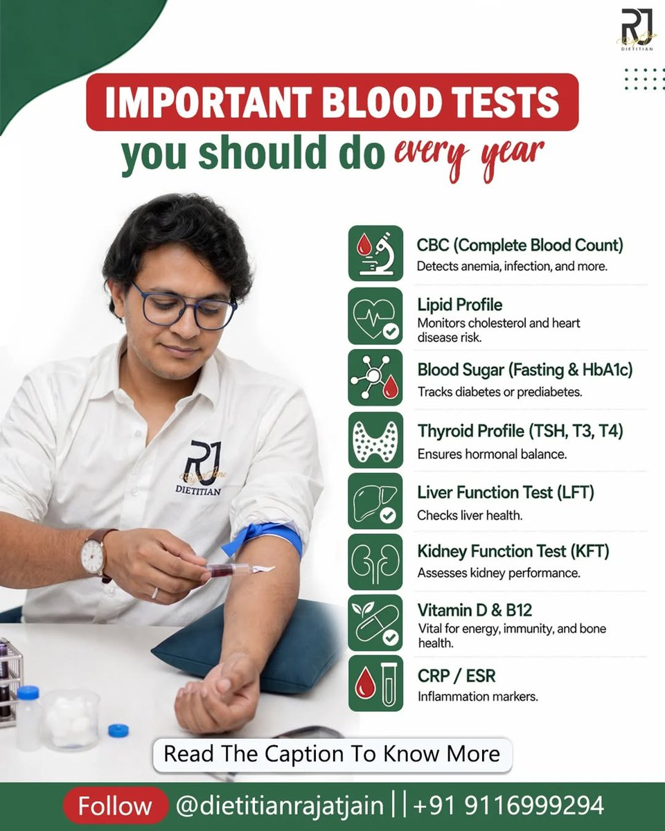 DietitianRajat's tweet image. Blood tests are the most underrated health check. 🩸
1 test can detect up to 70–80% of common health issues.

From Diabetes, Cholesterol, Thyroid, Vitamin deficiencies, Liver &amp;amp; kidney problems

So, Don’t wait, check yours today.

#PreventiveCare #BloodTests #HealthAwareness
