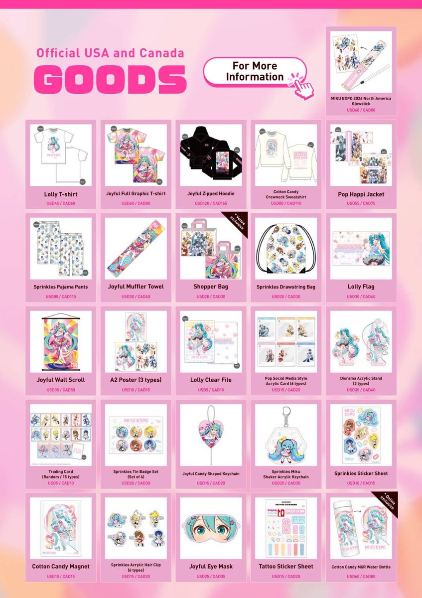 mikuexpo's tweet photo. 🌐MIKU EXPO 2026 North America - Grand Prairie, TX🌐

Here is the goods line up!
Please think of what you would like to purchase in advance🍬

🛍️Purchase Limits:
* Trading Card (Random / 15 types): 15 pulls per person
* Other products: 2 of each design per person
#MIKUEXPO2026 #MIKUEXPO #HatsuneMiku
