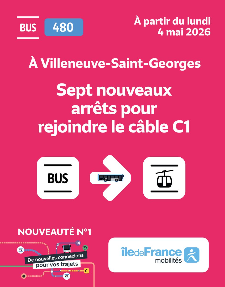 SeineOrly_IDFM's tweet photo. 🆕 Du nouveau sur la ligne #bus480 !
📢 A partir d'aujourd'hui, facilitez vos déplacements sur @Villeneuve94190 @VilleneuveLR #Ablon
🚏🤩 7 nouveaux arrêts pour vous connecter au
Câble C1 @MarneSeine_IDFM - correspondance possible Métro 8🚈
ℹ️ https://t.co/sIlo557gGs https://t.co/GkMz1hci9L