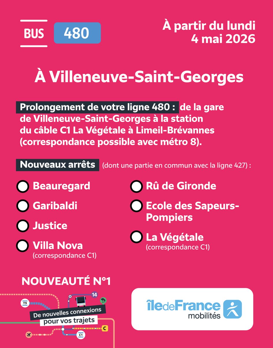 SeineOrly_IDFM's tweet photo. 🆕 Du nouveau sur la ligne #bus480 !
📢 A partir d'aujourd'hui, facilitez vos déplacements sur @Villeneuve94190 @VilleneuveLR #Ablon
🚏🤩 7 nouveaux arrêts pour vous connecter au
Câble C1 @MarneSeine_IDFM - correspondance possible Métro 8🚈
ℹ️ https://t.co/sIlo557gGs https://t.co/GkMz1hci9L