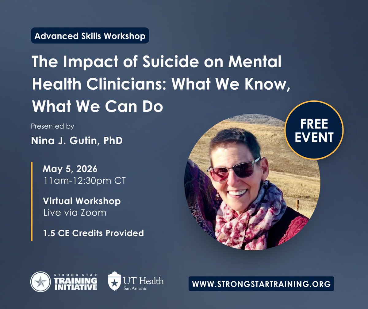 STRONGSTARTrain's tweet photo. 🗓️ Next week: “The Impact of Suicide on Mental Health Clinicians,” hosted by Dr. Nina Gutin!
Get expert guidance across personal and professional domains to heal in the aftermath of suicide death. Register for free today: https://t.co/WCqOKID1Mg
#Suicide #MentalHealth #Therapist https://t.co/KcF6rT2nuq