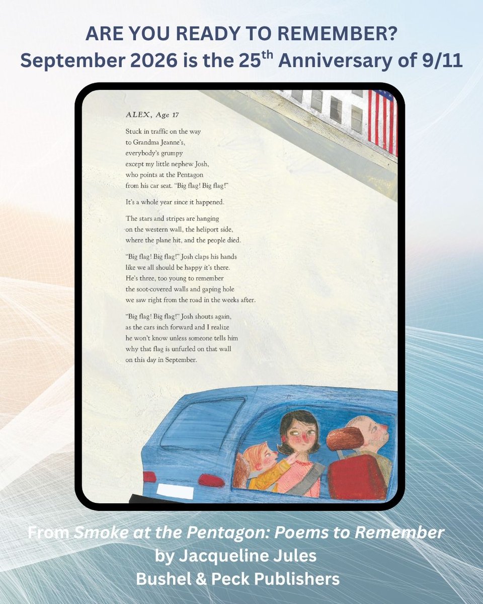 jacquelinejules's tweet photo. Librarians and teachers! Do you have books ready to discuss the 25th anniversary of 9/11 in September 2026? https://t.co/KvP2OqRjpn

#HistoricalPoetry #RememberingHistory #PentagonMemorial #PoemsOfRemembrance
#SmokeAtThePentagon https://t.co/RC3gx1dlqP